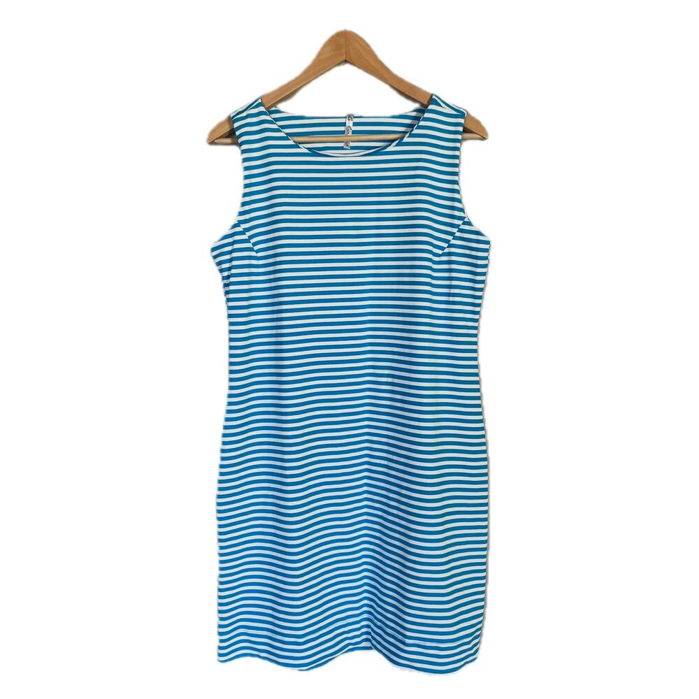 Lulu-B Dress Women's L Sleeveless Shift Blue White Stripe Scoop Neck Travel Golf